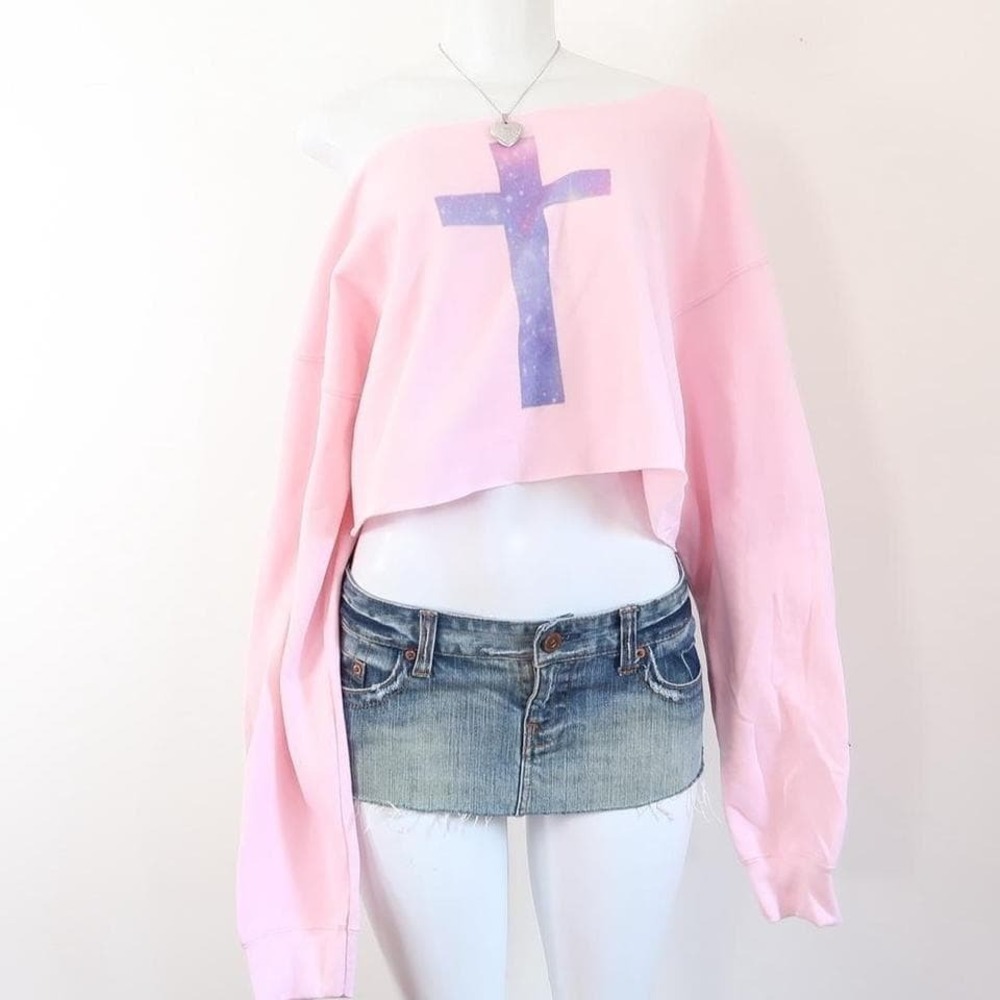 pink y2k galaxy cross off shoulder cropped sweatshirt mcbling